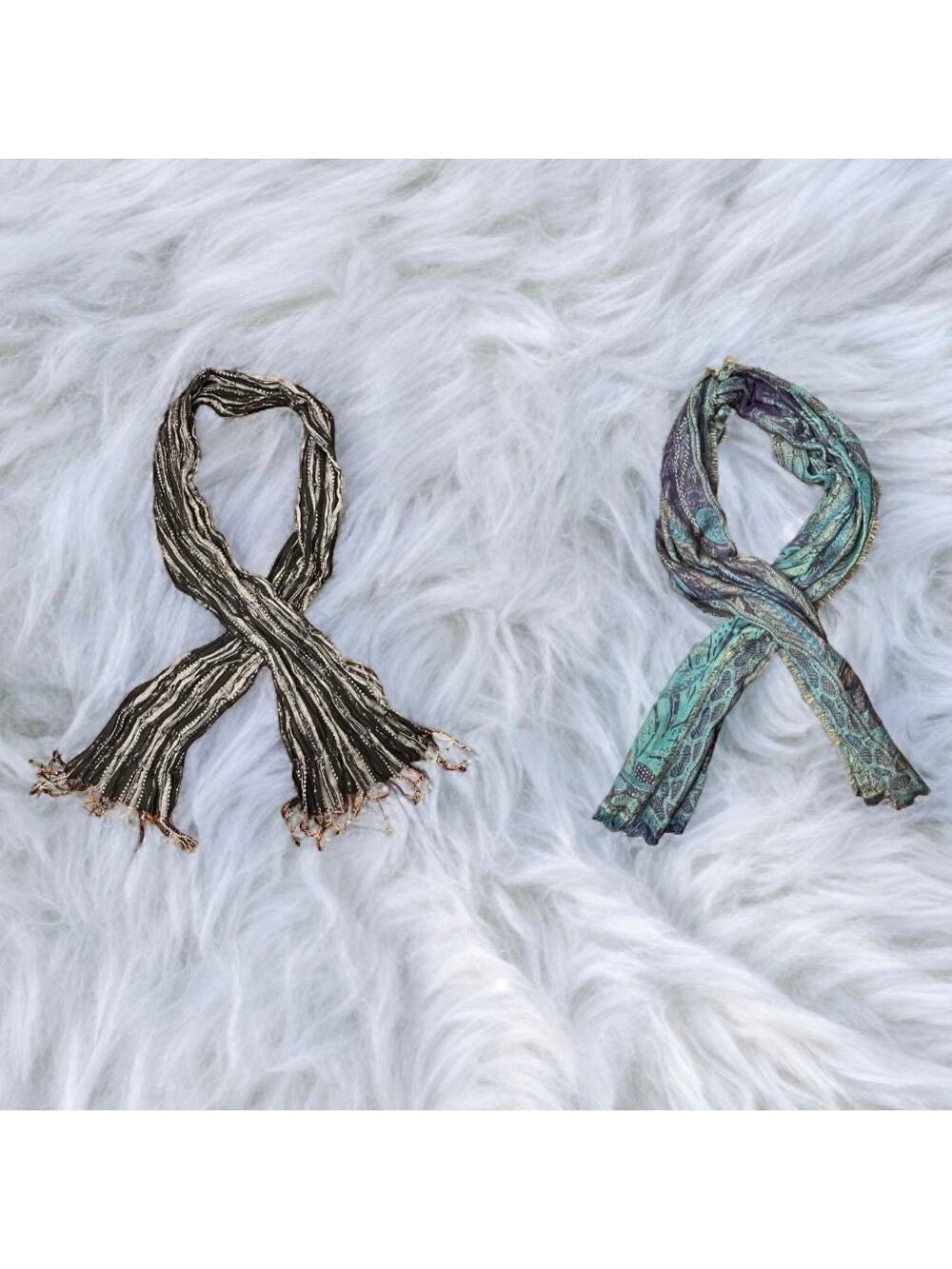 Lot of 2 Fashion Scarfs Black White Stripe Blue Paisley Brand New Never Worn